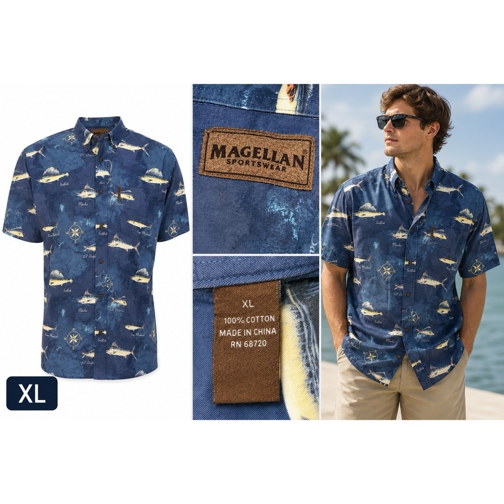 Magellan Fishing Shirt Mens XL Blue AOP Marlins Short Sleeve Button Up Shirt